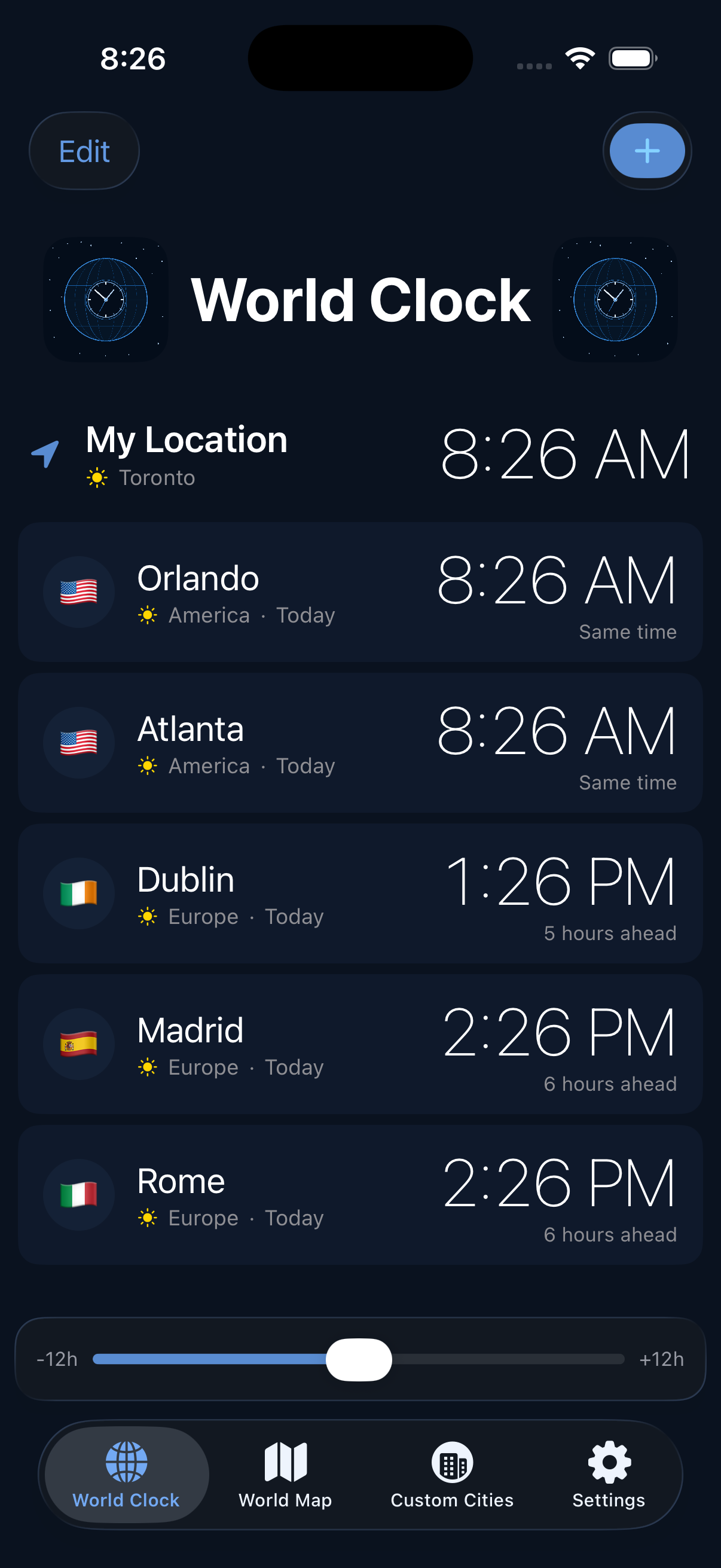 Main world clock list with multiple cities