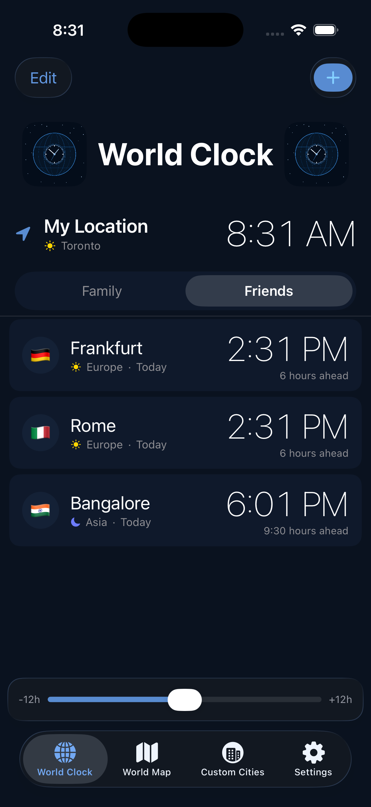 World clock with pages for organizing clocks