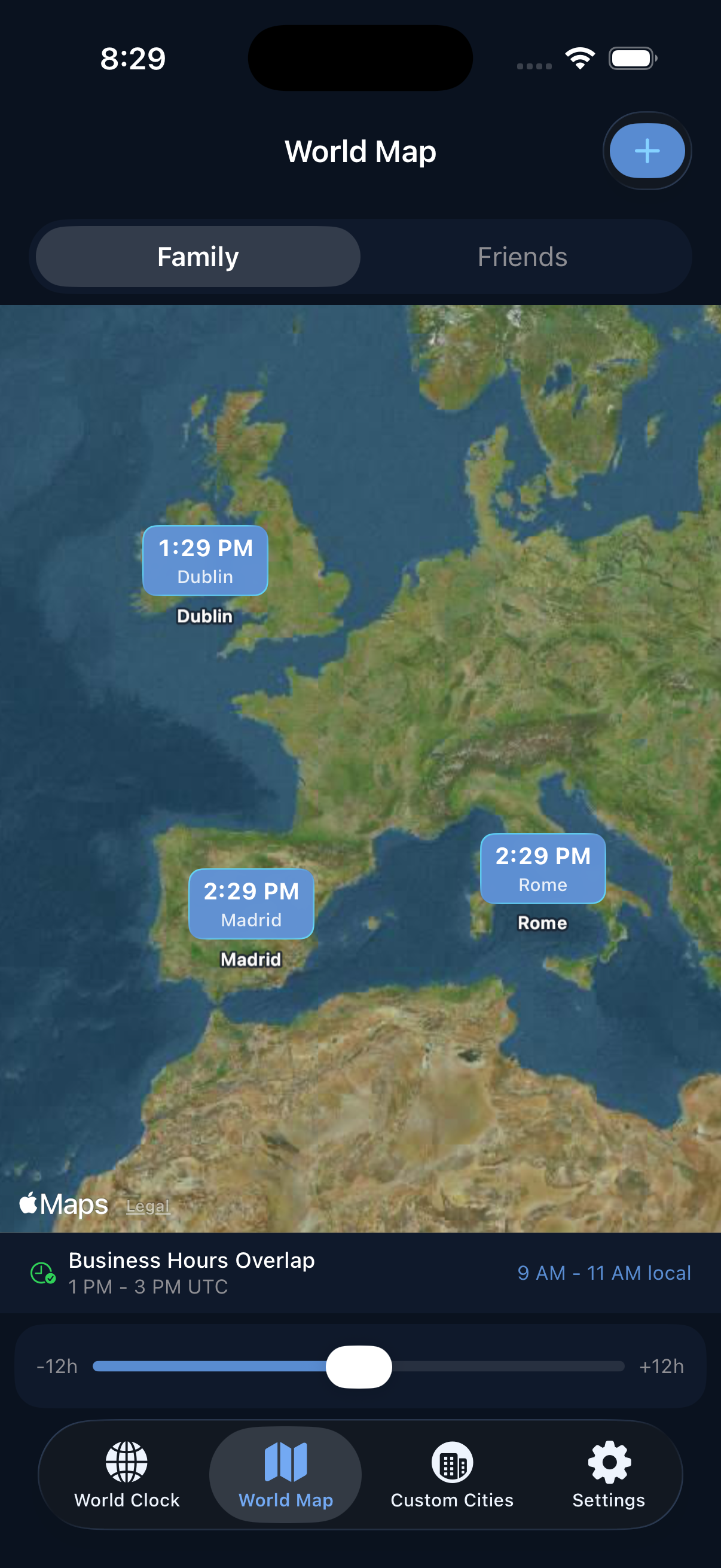 Interactive world map showing city pins with times
