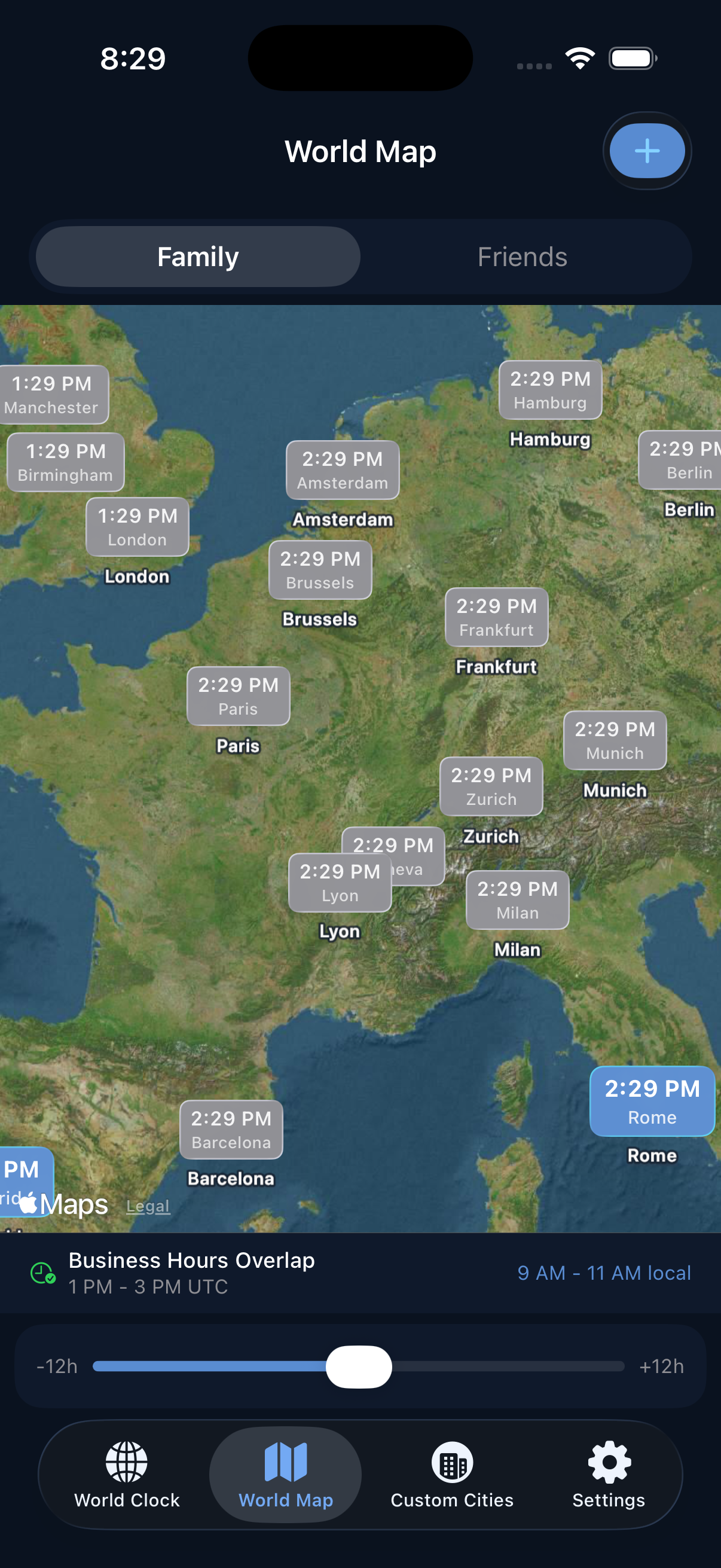 World map zoomed in showing many European cities