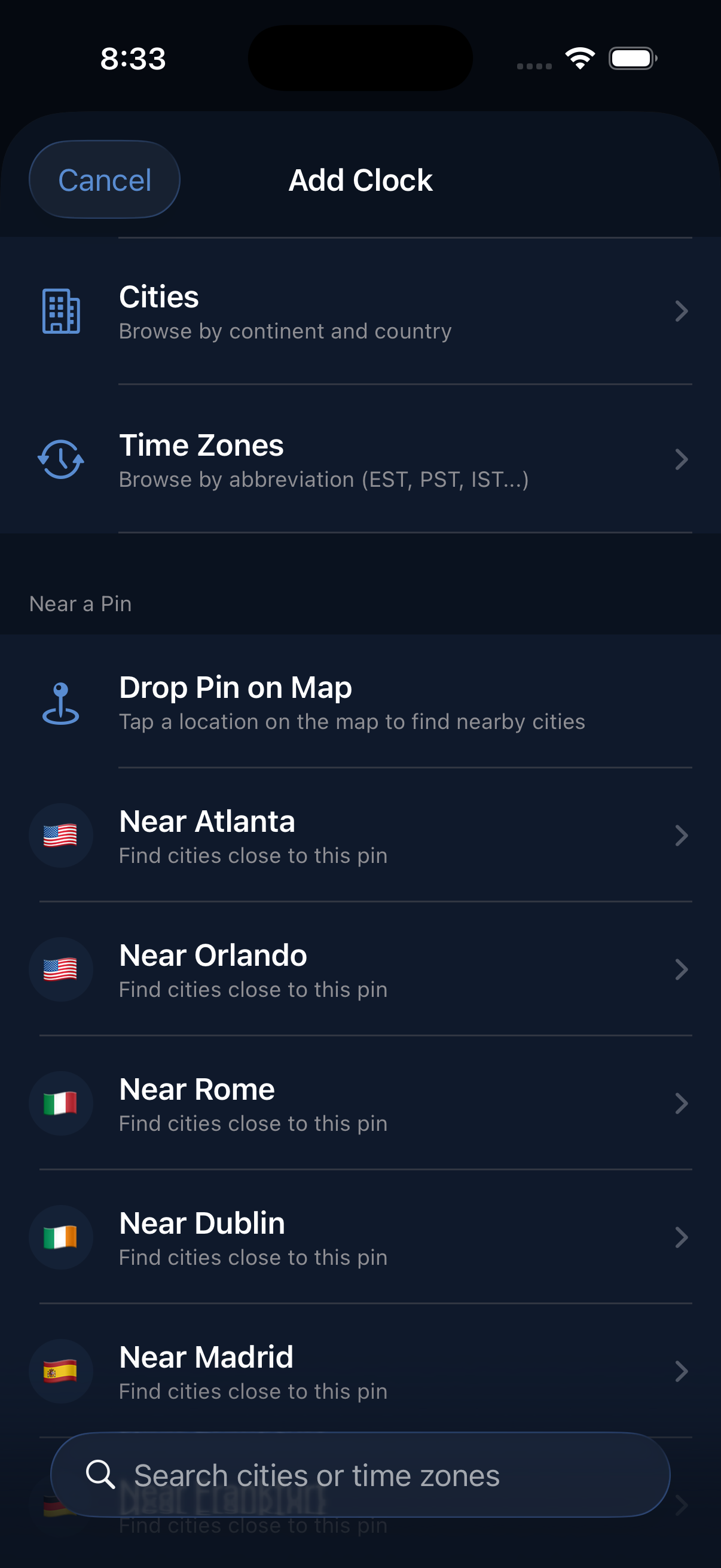 Add clock screen with browse, search, and drop pin options