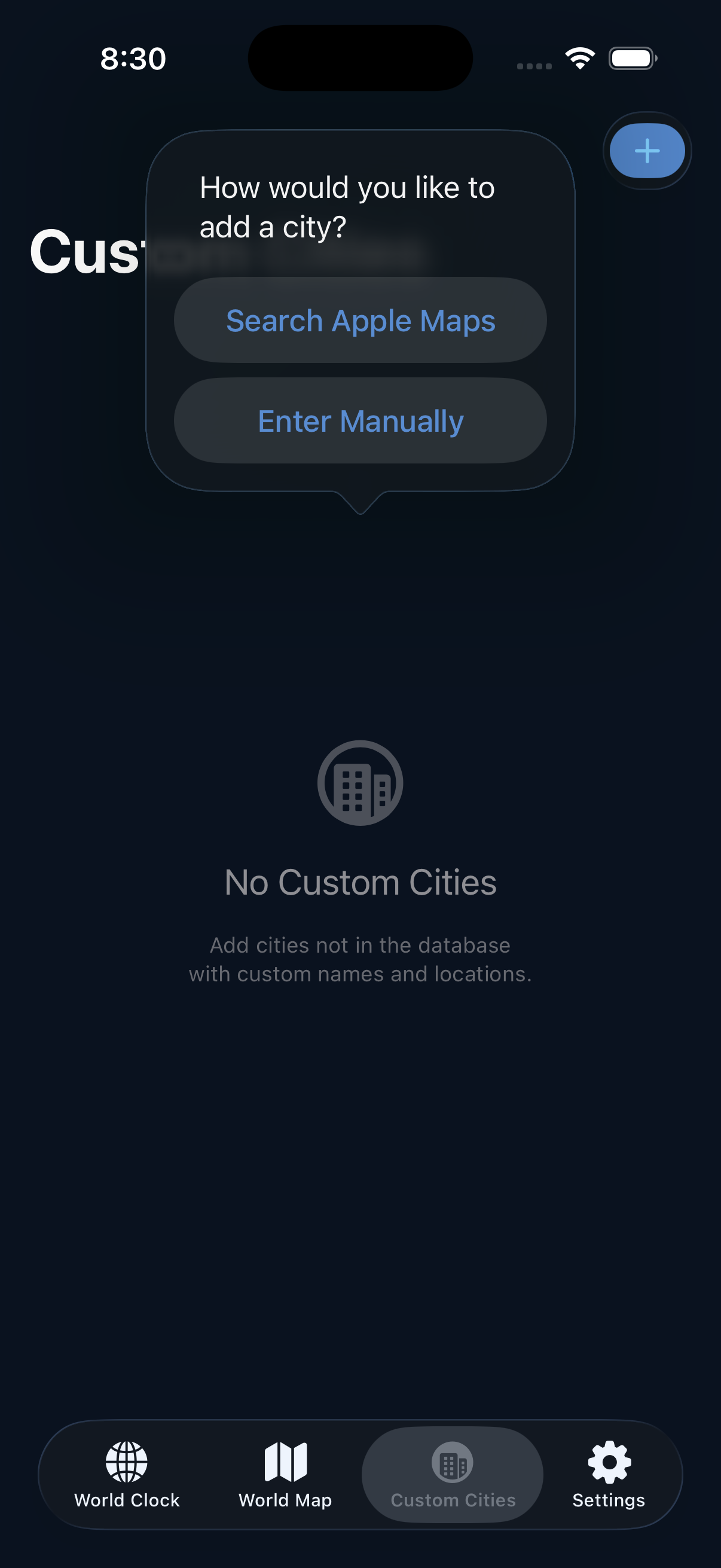 Custom cities screen with Apple Maps search and manual entry options