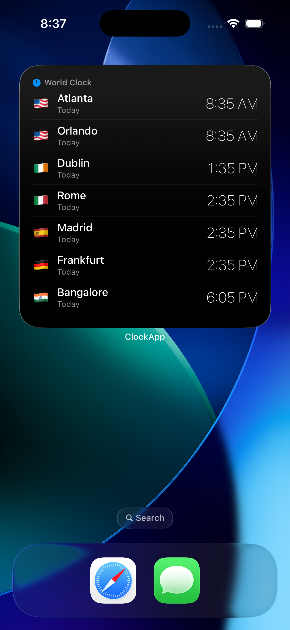 Extra-large widget showing all tracked cities with flags